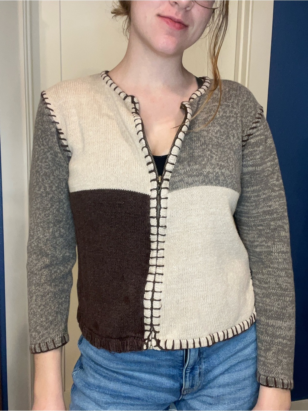 Dressbarn Colorblock Whipstitch Cardigan - Brown, Cream & Gray